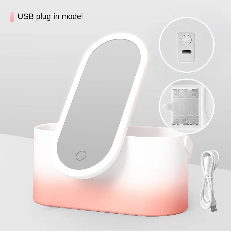 Rechargeable LED Vanity Mirror with Storage Box - Portable Folding and Rotating Design for Beauty Enthusiasts