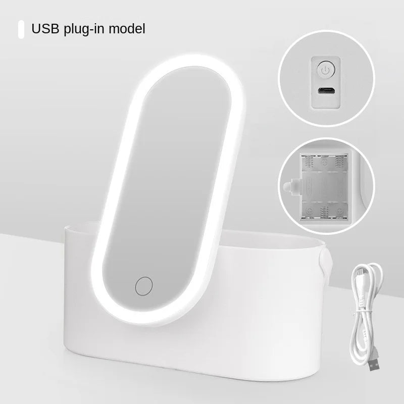 Rechargeable LED Vanity Mirror with Storage Box - Portable Folding and Rotating Design for Beauty Enthusiasts