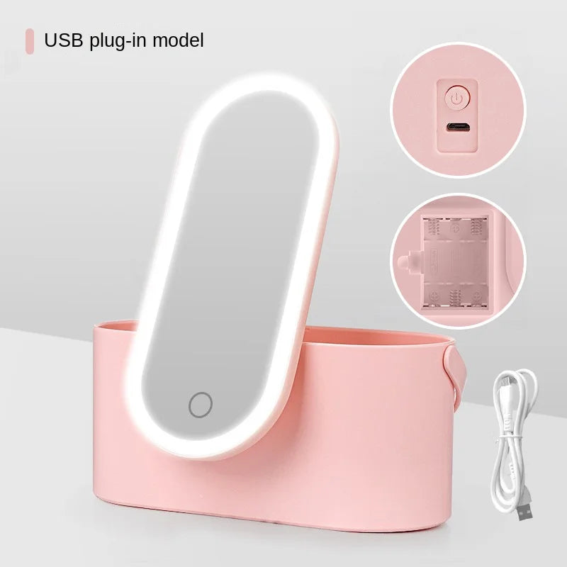 Rechargeable LED Vanity Mirror with Storage Box - Portable Folding and Rotating Design for Beauty Enthusiasts